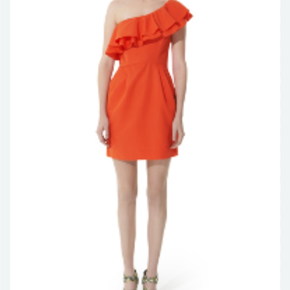 Rebecca Taylor One-Shoulder Ruffle Mini Dress in Orange